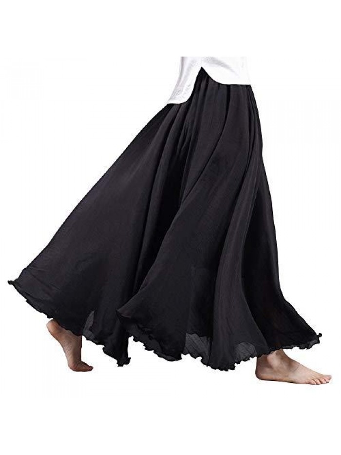 Women's Elastic Waist Flowing Bohemian Cotton Long Maxi Skirt for Summer Beach Holiday 