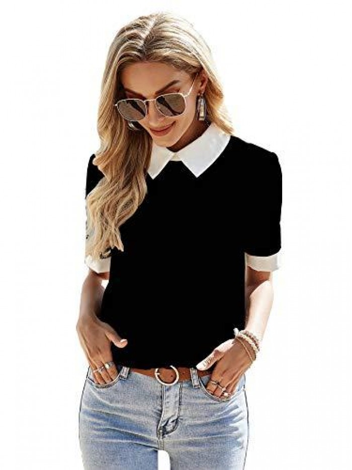 Women's Colorblock Contrast Polo Collar Short Sleeve Blouse Shirt Top 