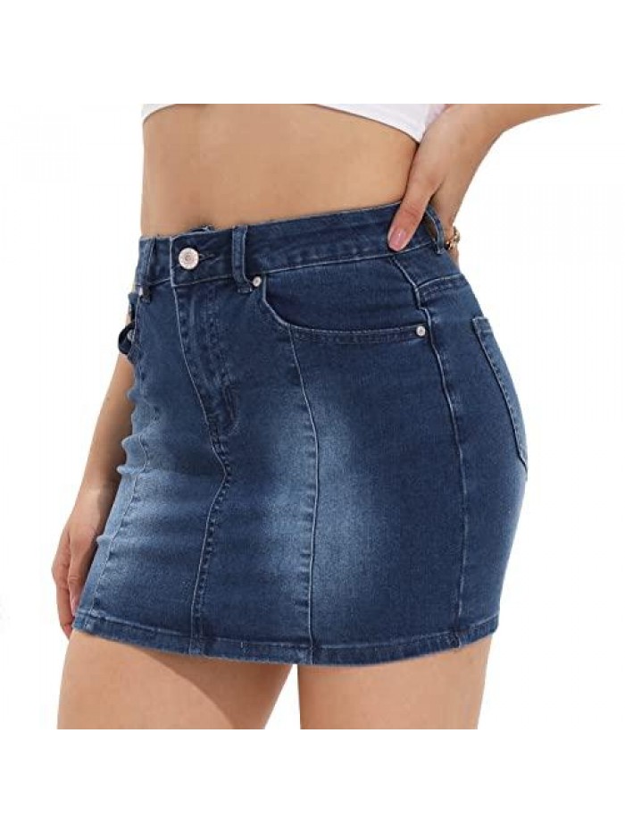 Women's Casual Mid Waisted Stretch Jean Skirts Washed Pockets Mini Denim Skirt 