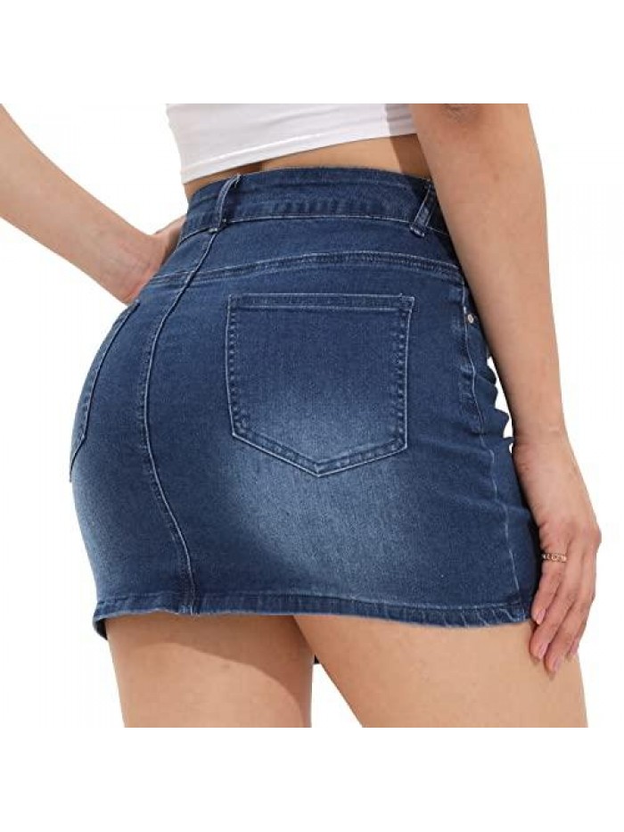 Women's Casual Mid Waisted Stretch Jean Skirts Washed Pockets Mini Denim Skirt 