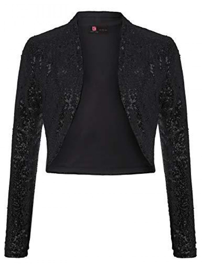 KOLE Women's Sequin Shrug Long Sleeve Open Front Cropped Bolero Jackets S-XXL 