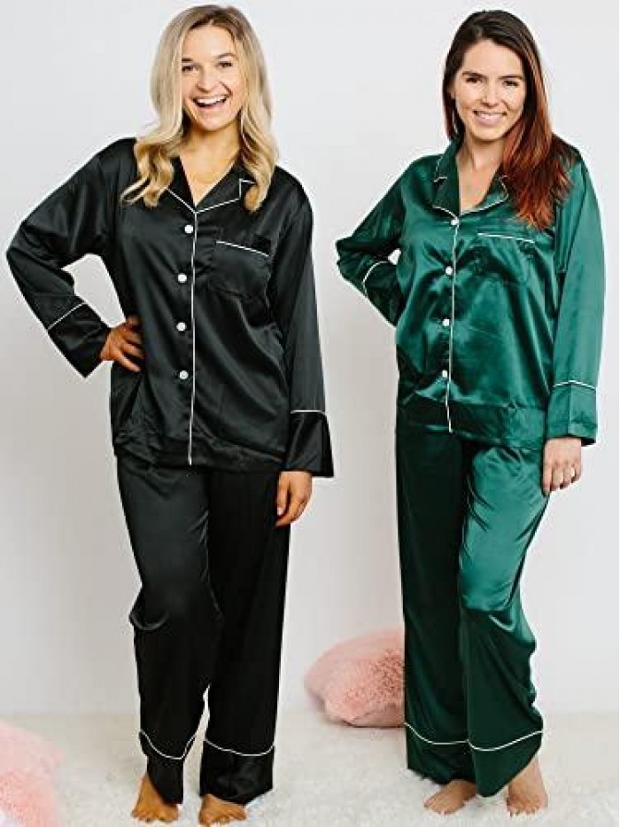 Design Women's Silk Satin Pajama Button Down Long Sleeve and Pants Set Sleepwear Loungewear S To XXL 