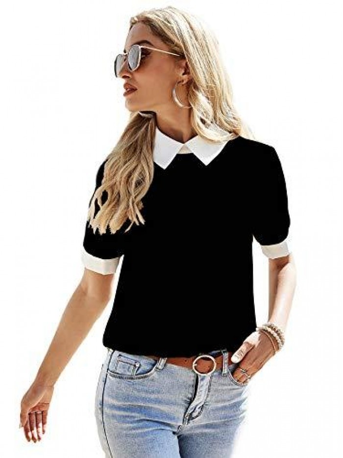 Women's Colorblock Contrast Polo Collar Short Sleeve Blouse Shirt Top 