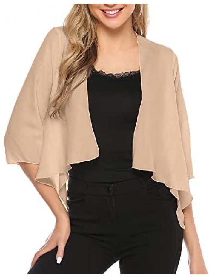 Womens 3/4 Sleeve Open Front Bolero Cardigans Chiffon Summer Lightweight Sheer Shrugs for Dresses 