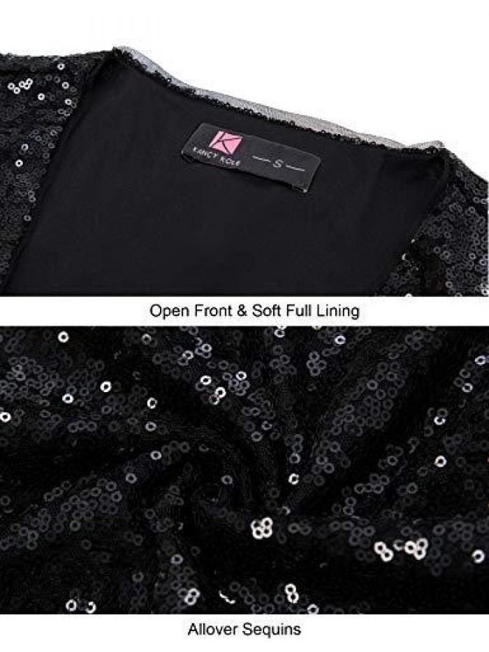 KOLE Women's Sequin Shrug Long Sleeve Open Front Cropped Bolero Jackets S-XXL 