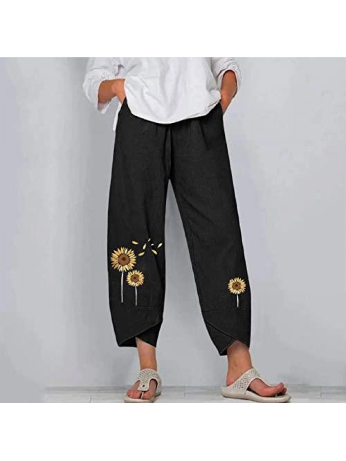 Capri Pants for Women, Women's Linen Cropped Pants Flowers Printed Pockets Ankle Capris Trousers 