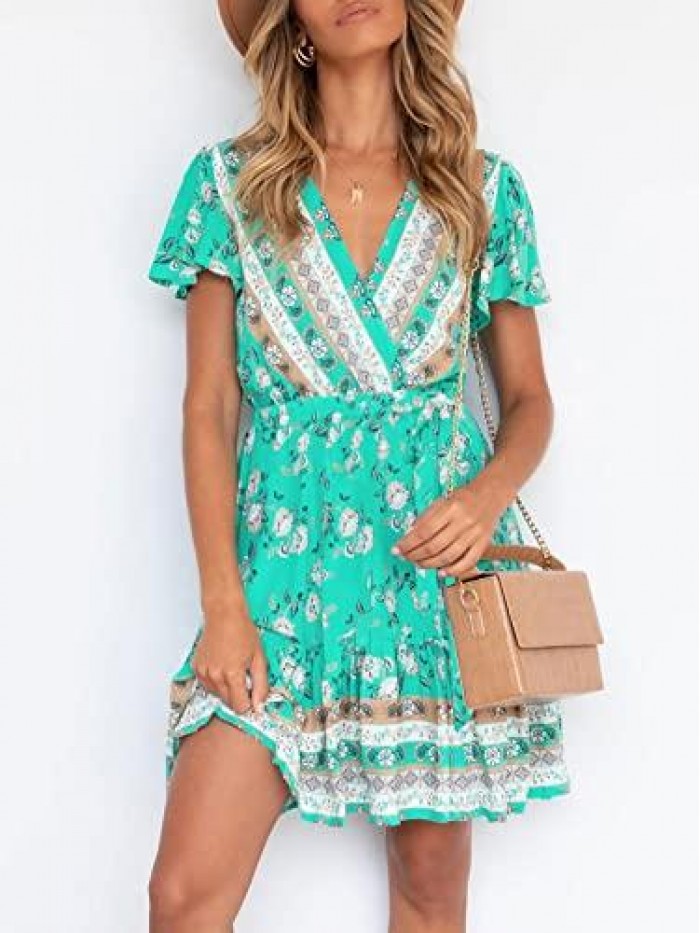 Women’s Summer Wrap V Neck Bohemian Floral Print Ruffle Swing A Line Beach Mini Dress 