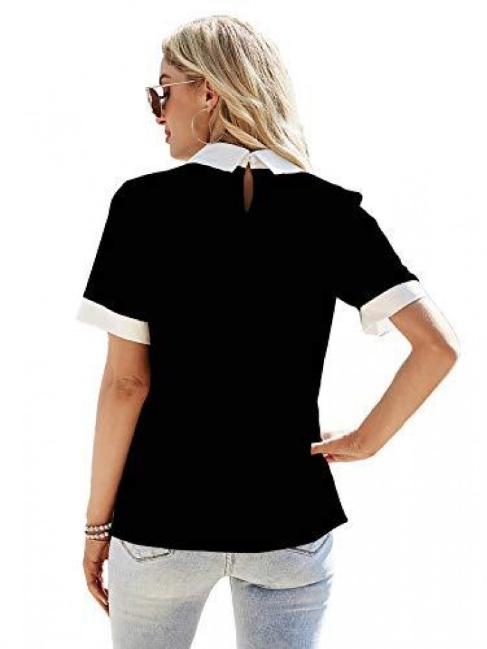 Women's Colorblock Contrast Polo Collar Short Sleeve Blouse Shirt Top 