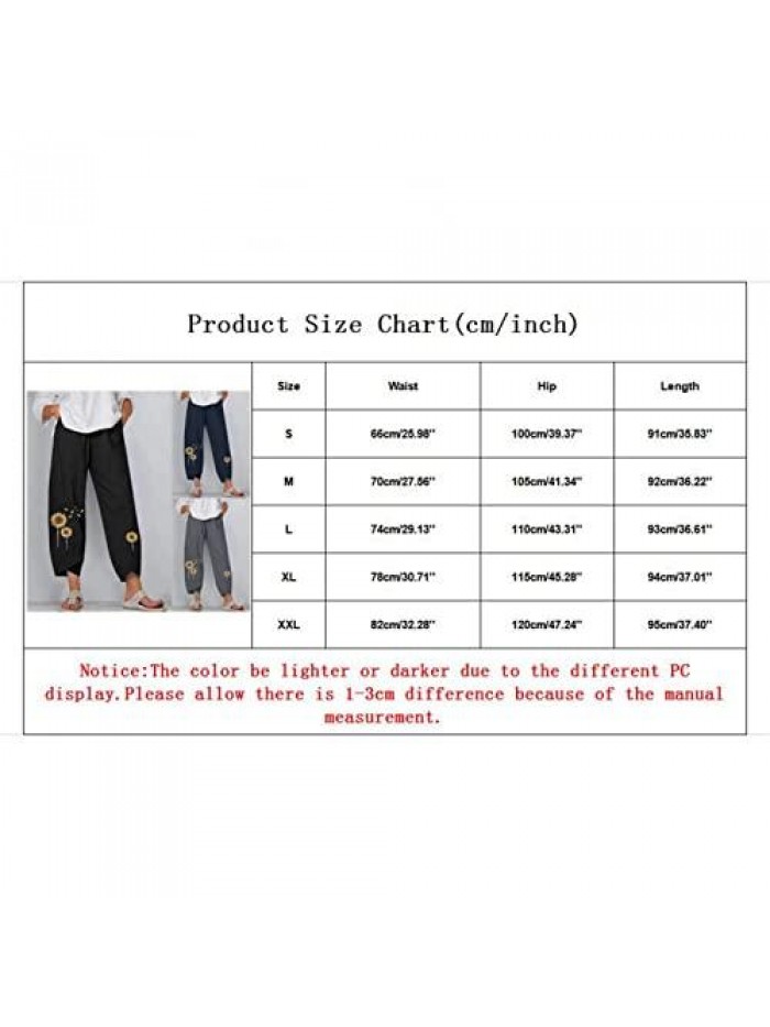 Capri Pants for Women, Women's Linen Cropped Pants Flowers Printed Pockets Ankle Capris Trousers 