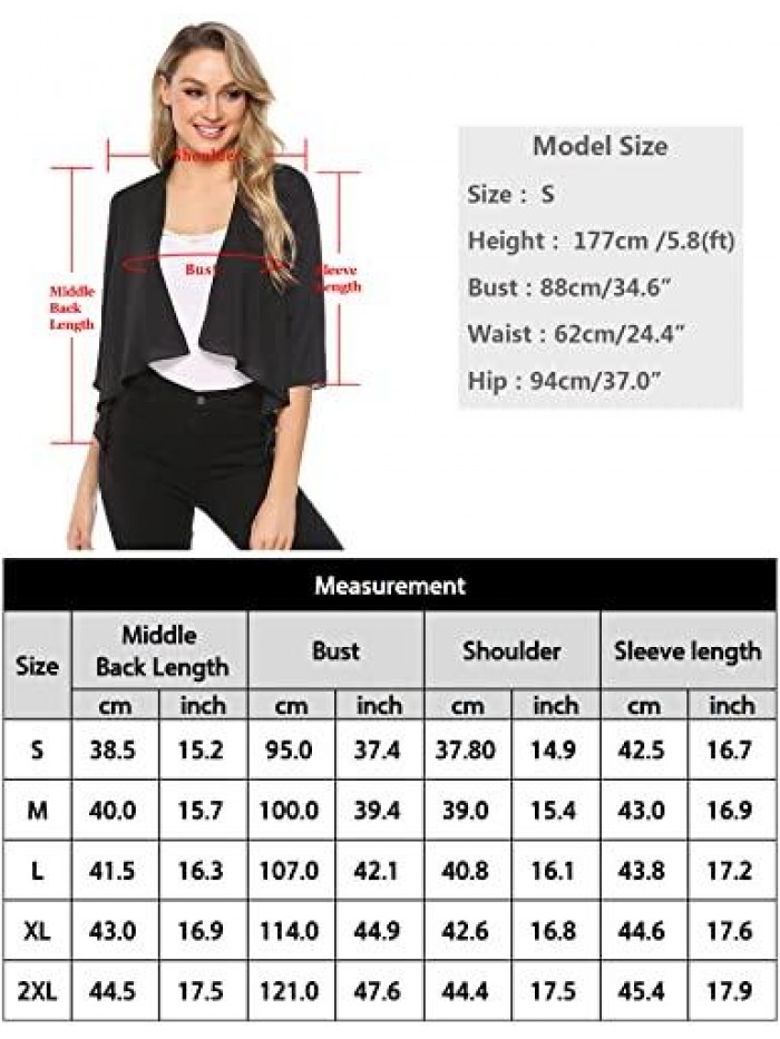 Womens 3/4 Sleeve Open Front Bolero Cardigans Chiffon Summer Lightweight Sheer Shrugs for Dresses 