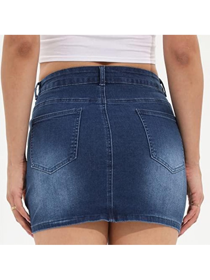 Women's Casual Mid Waisted Stretch Jean Skirts Washed Pockets Mini Denim Skirt 