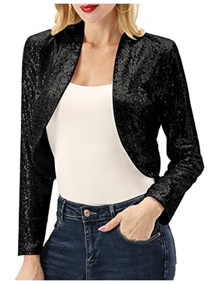 KOLE Women's Sequin Shrug Long Sleeve Open Front Cropped Bolero Jackets S-XXL 