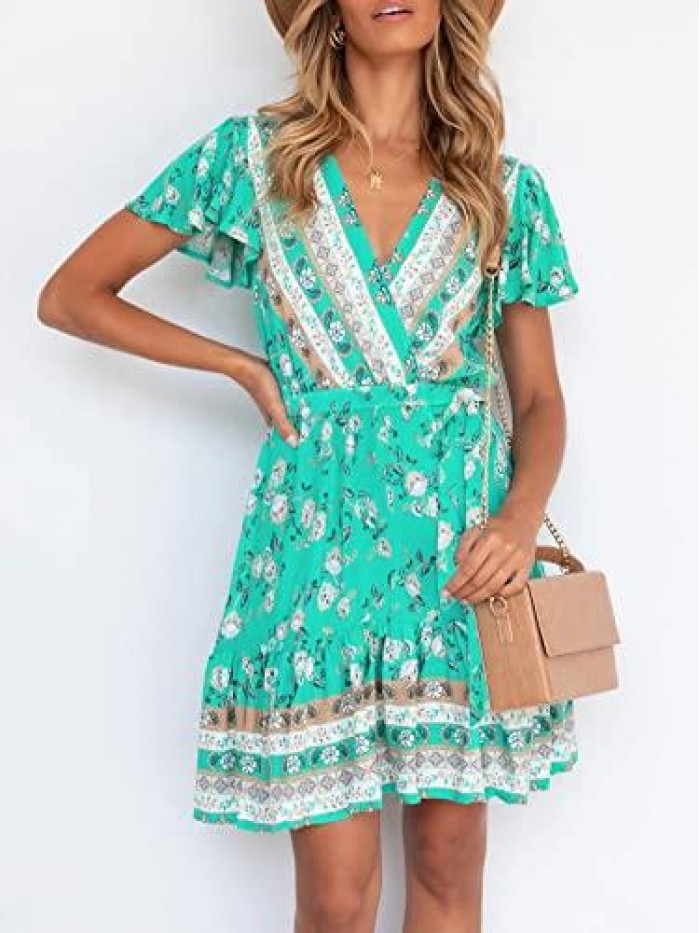 Women’s Summer Wrap V Neck Bohemian Floral Print Ruffle Swing A Line Beach Mini Dress 
