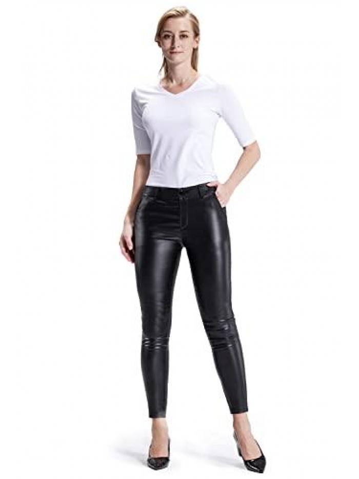 Art Faux Leather Pants for Women Zipper Skinny Leg Black Leather Pants for Women with Pockets 