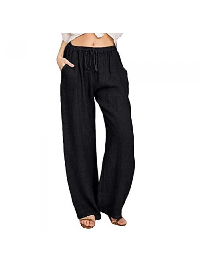 Linen Pants for Women Lounge Pants High Waist Casual Summer Loose Drawstring Pockets Wide Leg Sweatpants 