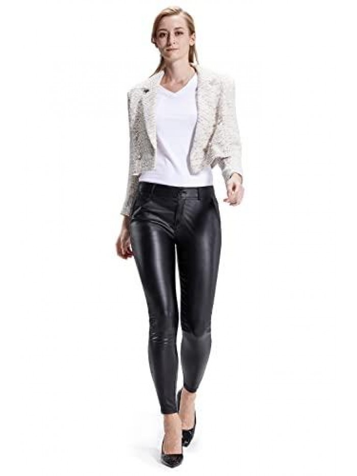 Art Faux Leather Pants for Women Zipper Skinny Leg Black Leather Pants for Women with Pockets 