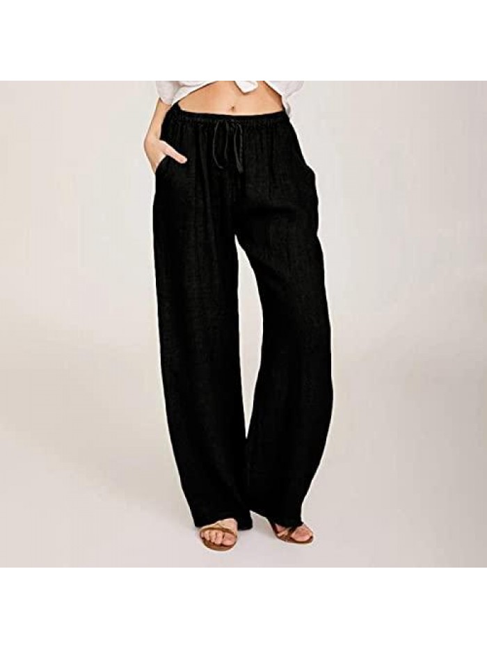 Linen Pants for Women Lounge Pants High Waist Casual Summer Loose Drawstring Pockets Wide Leg Sweatpants 