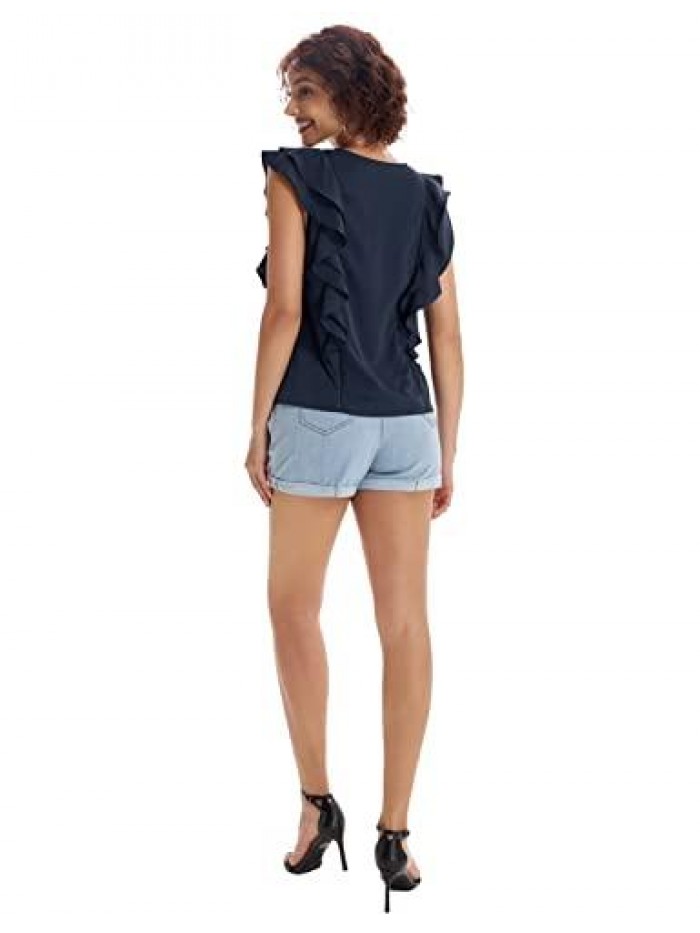 KARIN Women's Summer Sleeveless Tank Tops Double Layered Cap Sleeve Ruffle Chiffon Blouses Vacation Office Work Shirts 