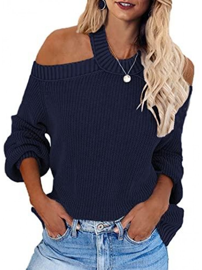 Womens Knit Cold Shoulder Sweaters Long Sleeve Crewneck Backless Jumper Tops 