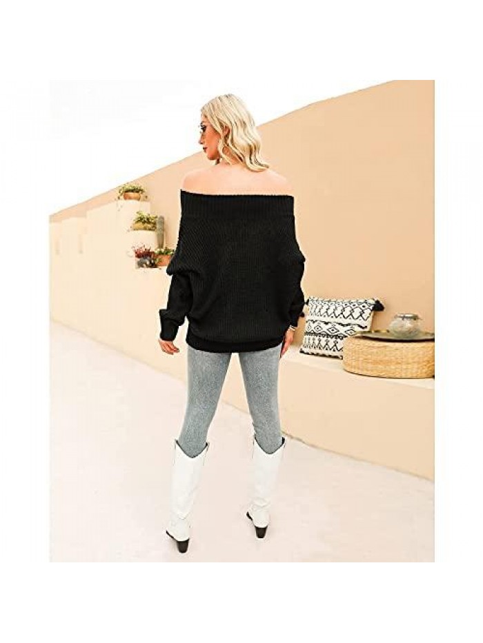 Women's Off Shoulder Sweater Batwing Sleeve Loose Oversized Pullover Knit Jumper 