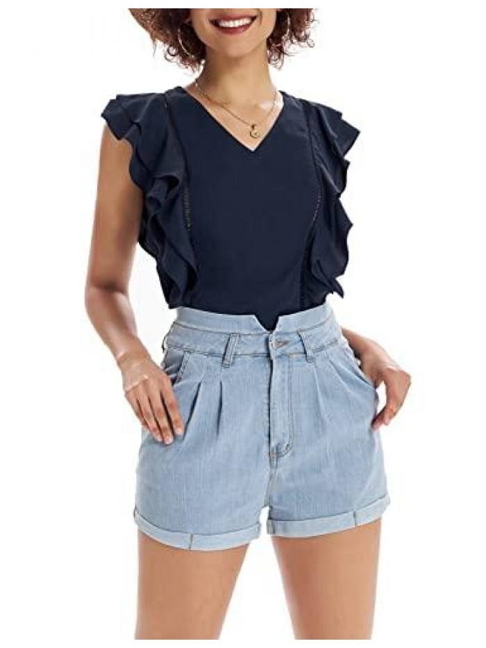 KARIN Women's Summer Sleeveless Tank Tops Double Layered Cap Sleeve Ruffle Chiffon Blouses Vacation Office Work Shirts 