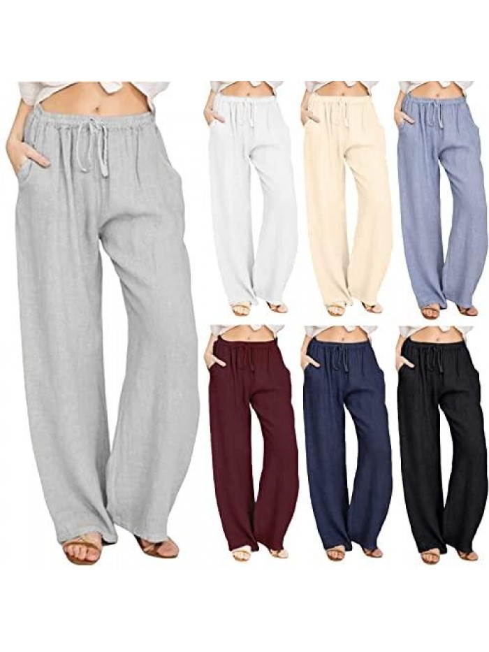 Linen Pants for Women Lounge Pants High Waist Casual Summer Loose Drawstring Pockets Wide Leg Sweatpants 