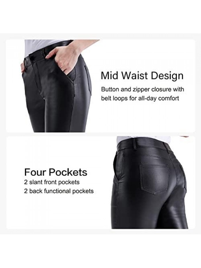 Art Faux Leather Pants for Women Zipper Skinny Leg Black Leather Pants for Women with Pockets 