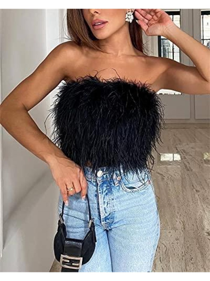 Women Sexy Fur Feather Tube Tops Vest Sling Sleeveless Solid Mesh Multi-Layers Slim Fit Sleeveless Cocktail Cami 