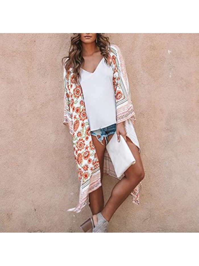 Leisure Loose Beach Blouse Sunscreen Printed Chiffon Cardigan Summer Floral Print Kimonos Half Sleeve Casual Cover Up 