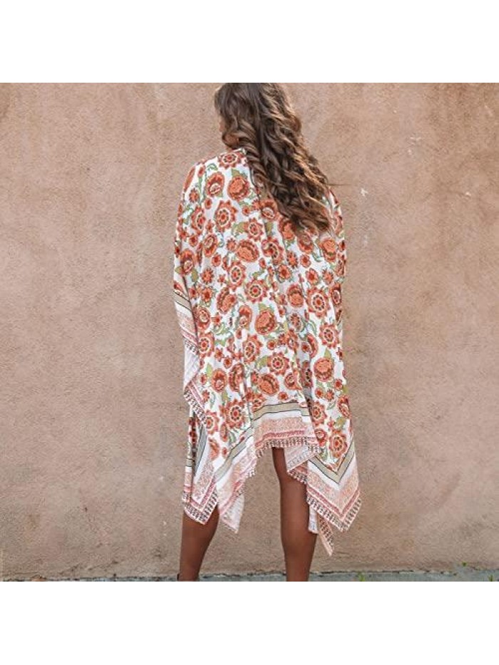 Leisure Loose Beach Blouse Sunscreen Printed Chiffon Cardigan Summer Floral Print Kimonos Half Sleeve Casual Cover Up 