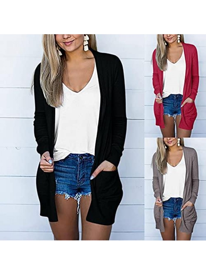 Long Cardigans for Women, Womens Lightweight Open Front Flowy Cardigan Sweater Solid Long Sleeve Coat with Pockets 