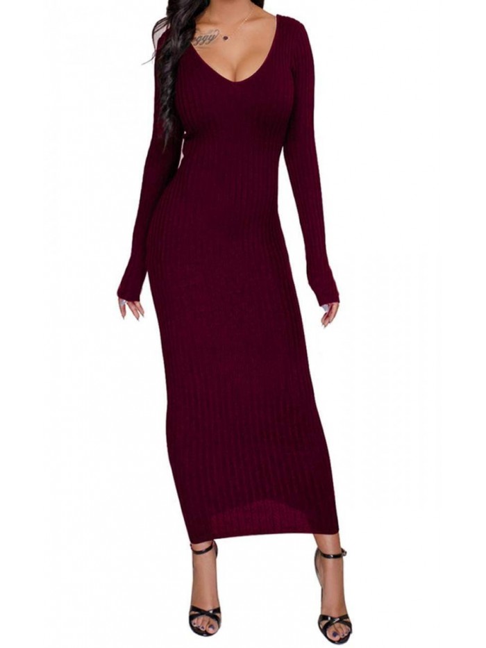 Women's Sexy Off Shoulder Long Sleeve Knit Bodycon Dress 