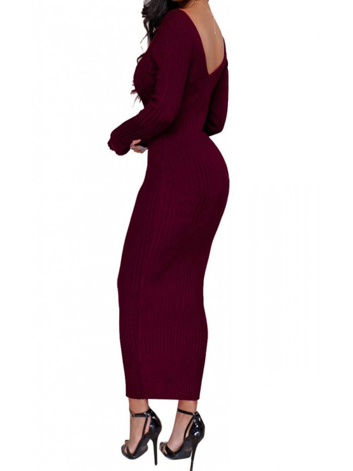 Women's Sexy Off Shoulder Long Sleeve Knit Bodycon Dress 