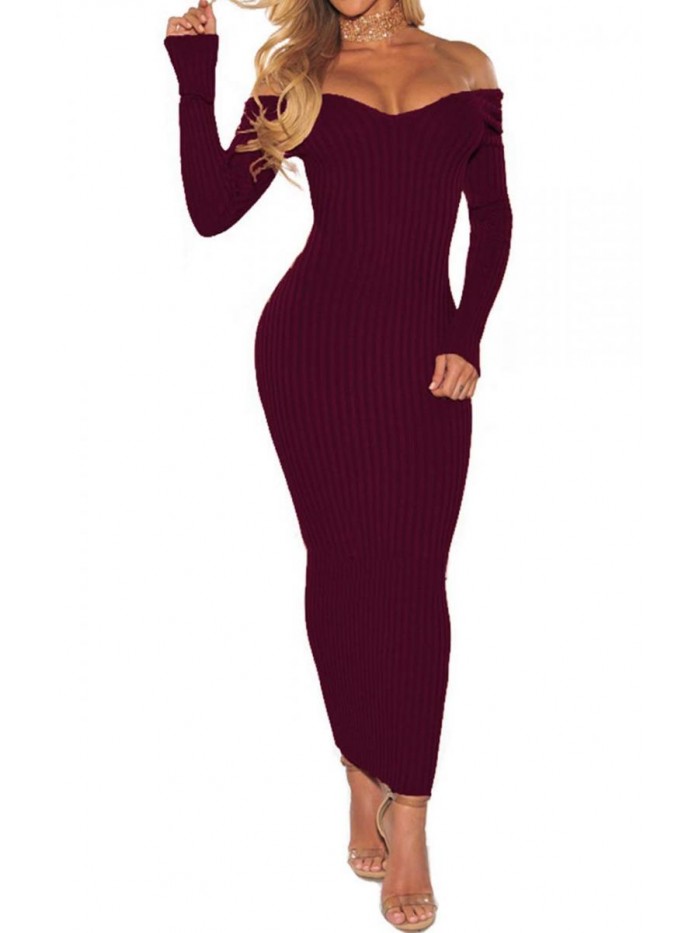 Women's Sexy Off Shoulder Long Sleeve Knit Bodycon Dress 