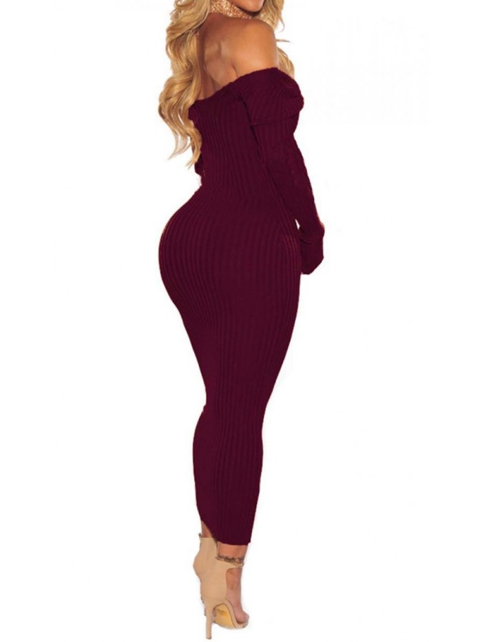 Women's Sexy Off Shoulder Long Sleeve Knit Bodycon Dress 