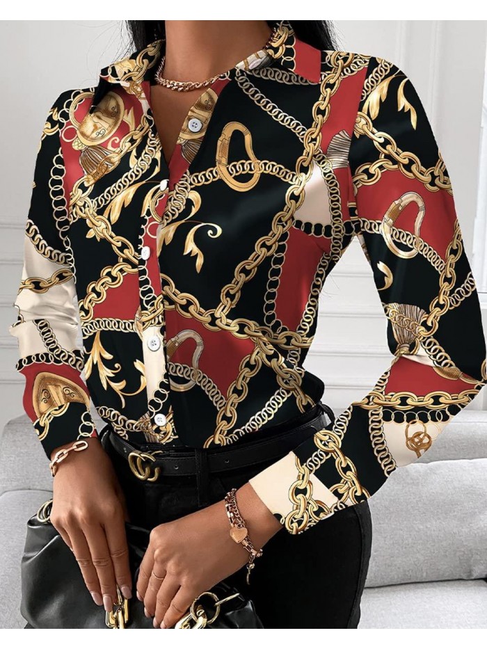 Outfits for Women Collar Blouses Button Down Shirts Colorful Long Sleeve Floral Print Tops Loose Sexy T-Shirts 