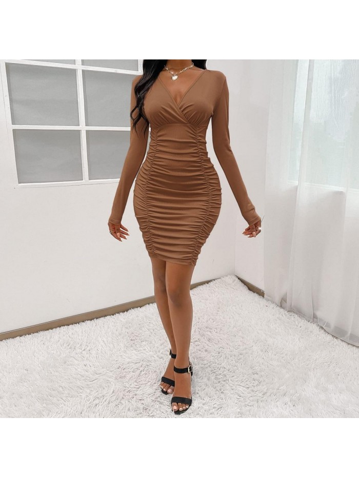 Women Long Sleeve Bodycon Ruched Short Dress Side Drawstring Solid Crew Neck Casual Autumn Mini Dresses 