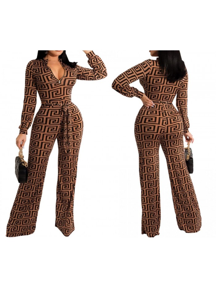 Elegant Jumpsuit Sexy Long Sleeve Straight Trousers Belted Wide Leg Pant Business Romper 