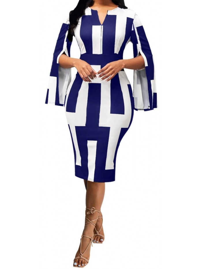Dresses for Women Elegant Long Sleeve Stretchy Pencil Business Casual Club Midi Dress for Work 