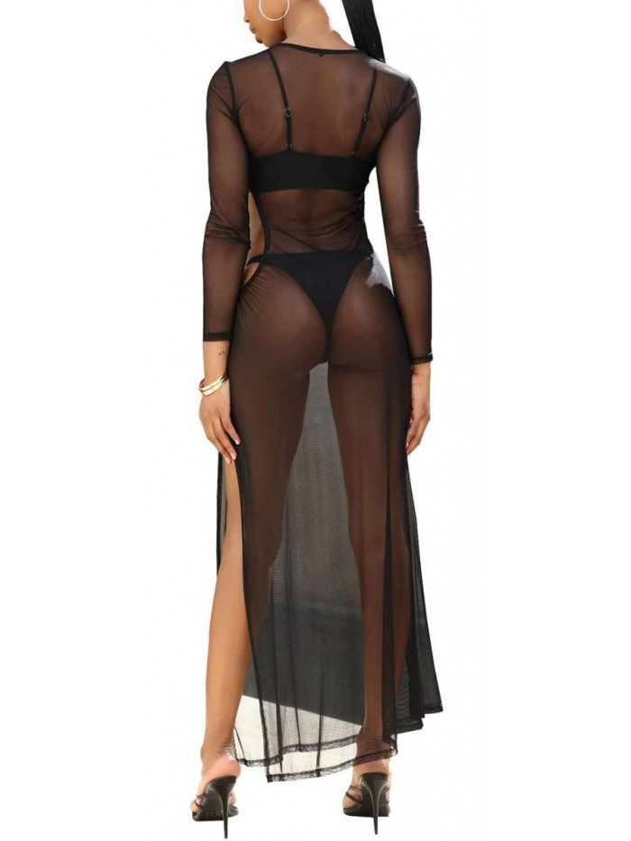 Sexy Long Sleeve Swimsuit Cover Up Summer Casual See Through Sheer Long Maxi Dresses Plus Size Swimwear 