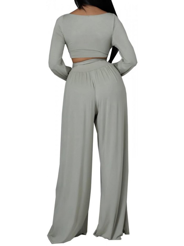 Two Piece Outfits for Women Elegant Scoop Neck Long Sleeve Crop Top Outfits with Bandage Casual Comfy Wide Leg Long Pants Loose Jumpsuit with Pockets 
