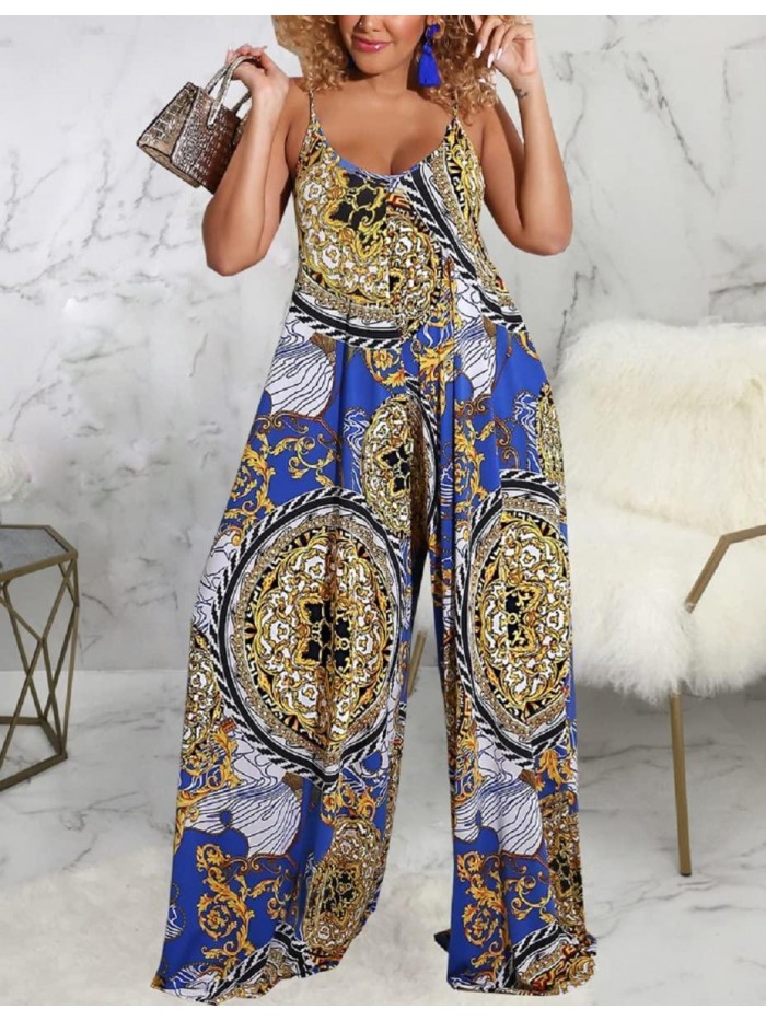 for Women Summer Casual Wide Leg Long Pants Sleeveless Rompers Sexy Floral Print Jumpsuit with Pocket 