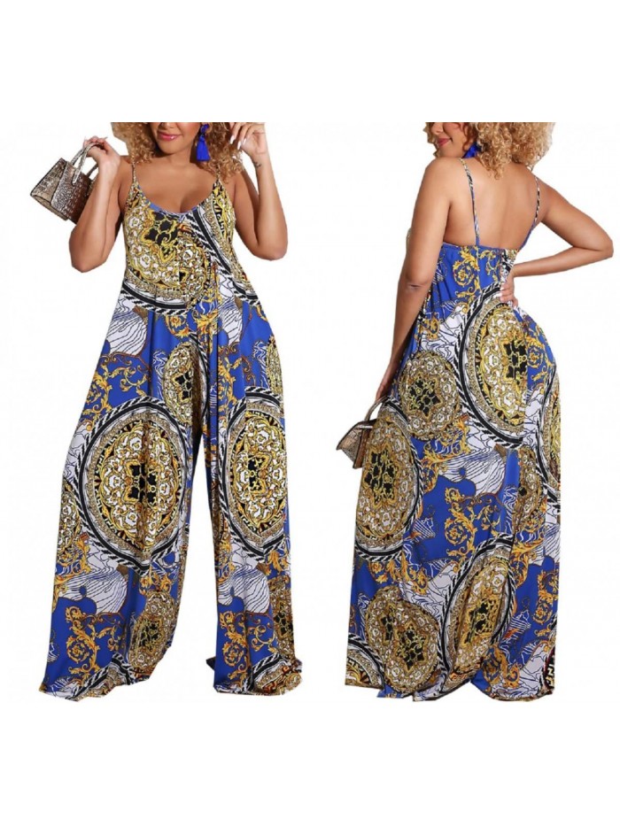 for Women Summer Casual Wide Leg Long Pants Sleeveless Rompers Sexy Floral Print Jumpsuit with Pocket 