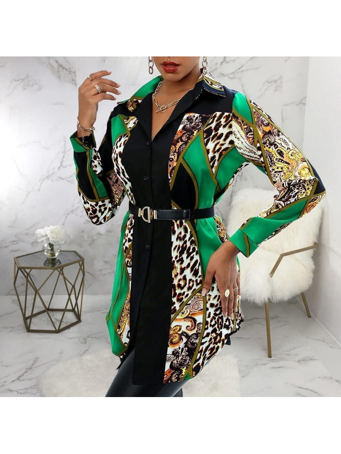 Down Dress Shirts for Women Colorful Blouses Long Sleeve Floral Print Tops Loose Collar Sexy T-Shirts 