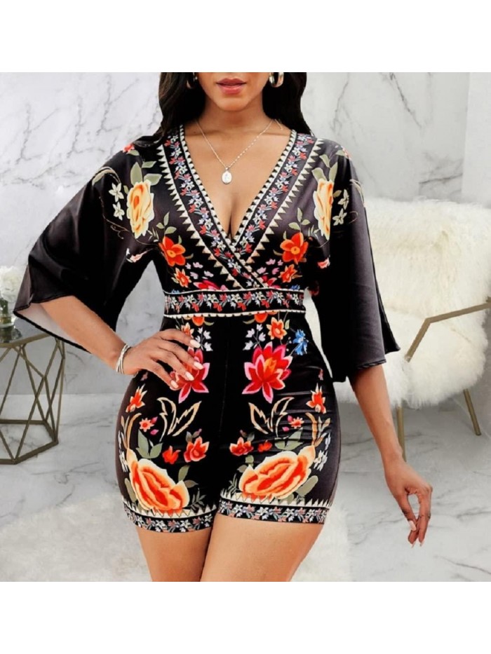 Sexy Short Rompers V Neck Backless Jumpsuit Floral Print Loose Half Sleeve Bodysuit One Piece Outfit 