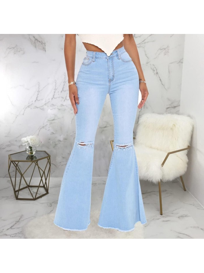 Ripped Bell Bottom Jeans for Women Classic Ripped Destroyed Raw Hem Flared Jean Pants Fashion 2022 