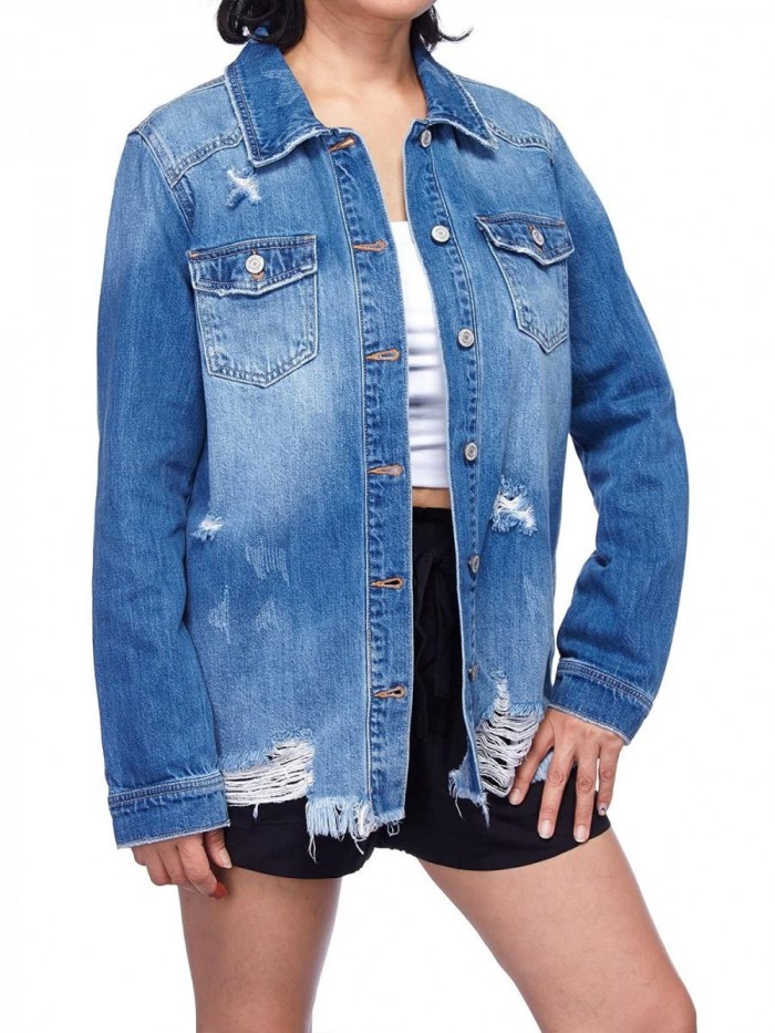 Jeans Jacket for Women Oversized Ripped Long Sleeve Winter Denim Jackets 