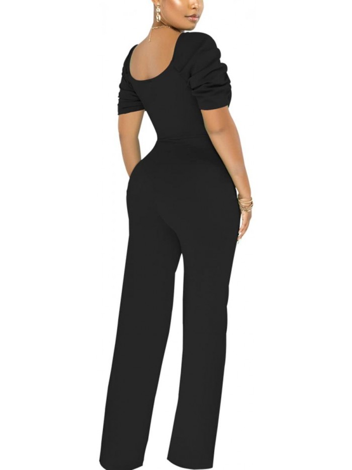 Long Sleeve Round Neck Jumpsuit for Work Wide Leg Pants Rompers 