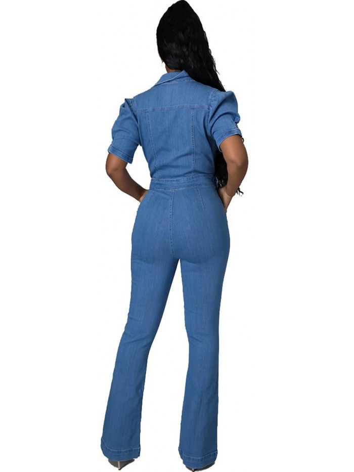 Sexy Jumpsuits Elegant Long Sleeve Long Pants Straight Long Pants Clubwear Denim Rompers with Pockets 