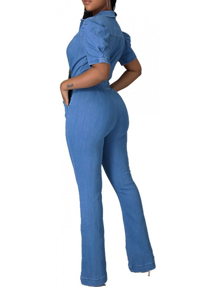 Sexy Jumpsuits Elegant Long Sleeve Long Pants Straight Long Pants Clubwear Denim Rompers with Pockets 